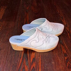 Charlotte Stone Light Blue Embroidered Rios Suede Clogs